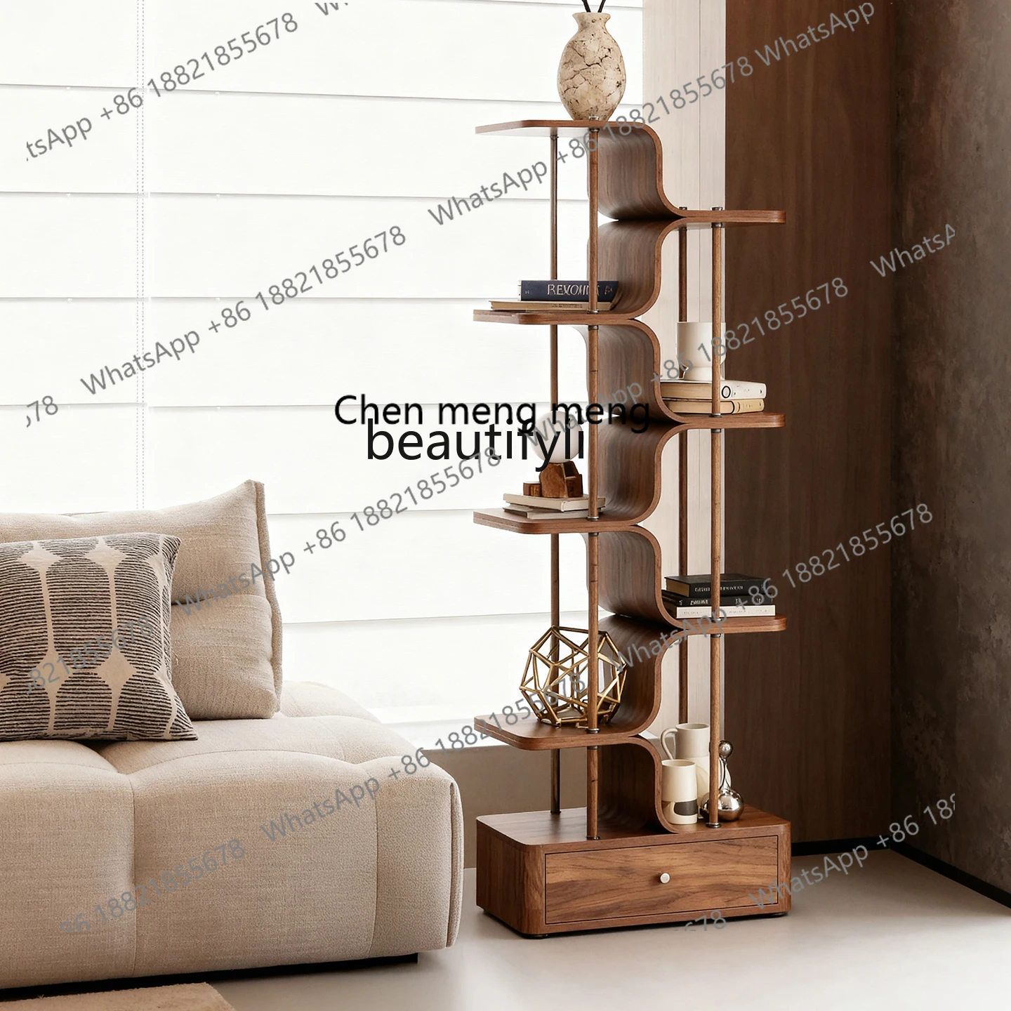 X Solid wood bookshelf Modern simple floor shelf Living room, corner balcony Multi-layer display shelf