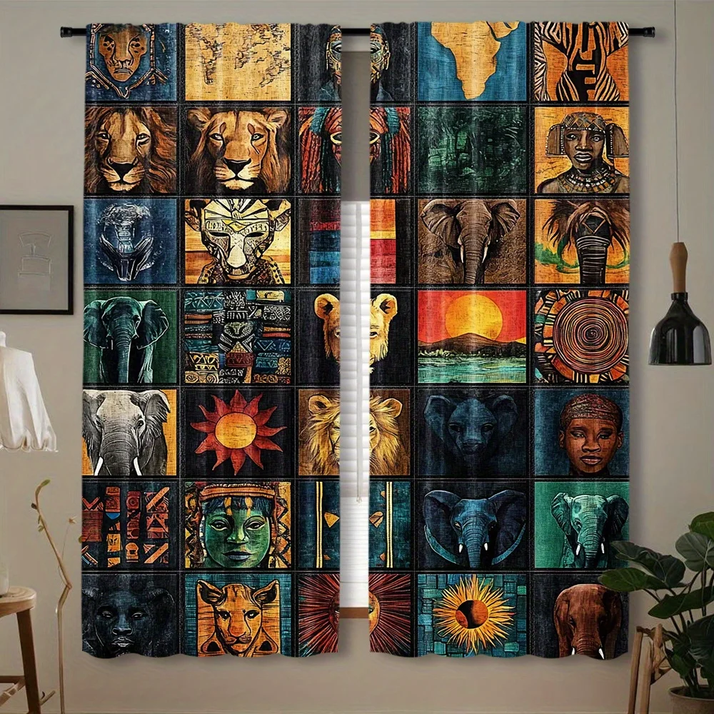 Tribal Africa Collage Rod Pocket Curtain Wild Animal Sunset Ethnic Mask Retro Grid Pattern Study Apartment Cultural Bay Window