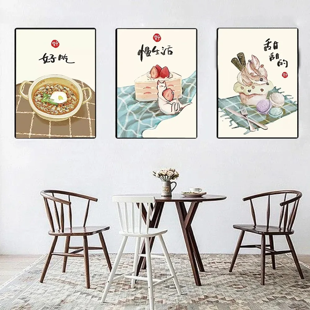 Chinese Style Food Cats Quotes Posters Prints Oriental Kitchen Anime Art Wall Pictures Restaurant Decor Canvas Paintings