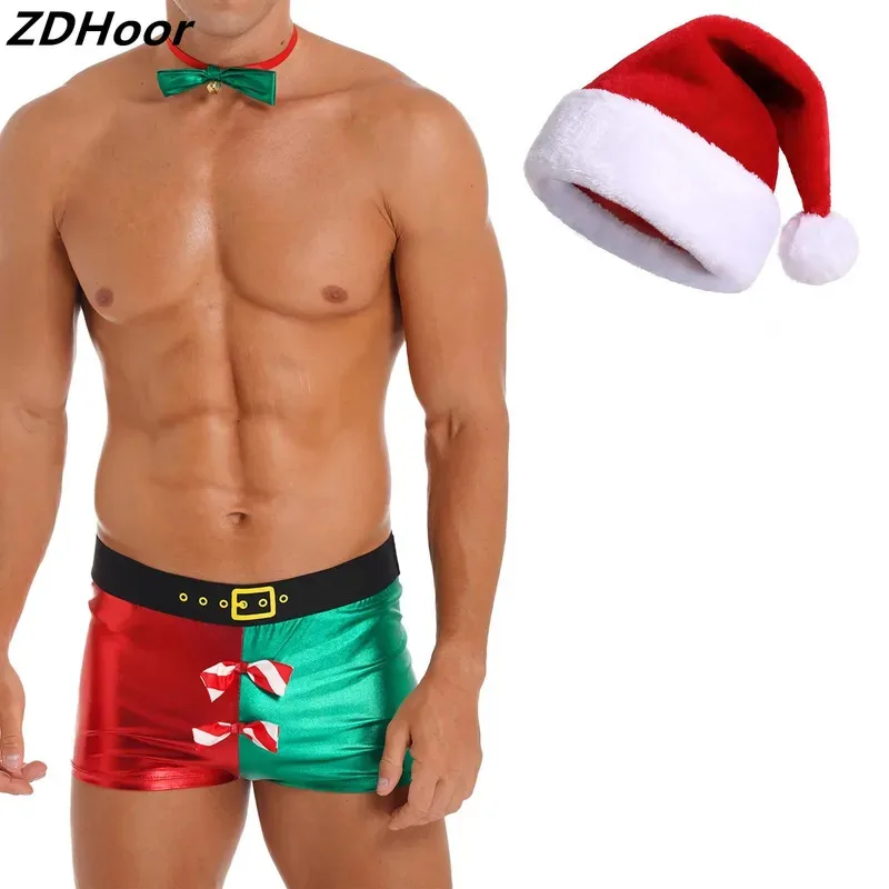 

Mens Christmas Lingerie Costume Set Metallic Low Rise Colorblock Shorts Underwear with Bow Tie And Hat for Club Nightwear