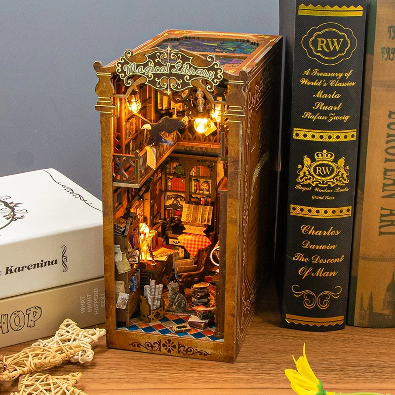 

Набор книжных полок, кукольный домик, деревянная подсветка, набор «сделай сам», книжный уголок, 3D головоломка, сборка, модель здания, подставки для книг для взрослых, подарки на день рождения