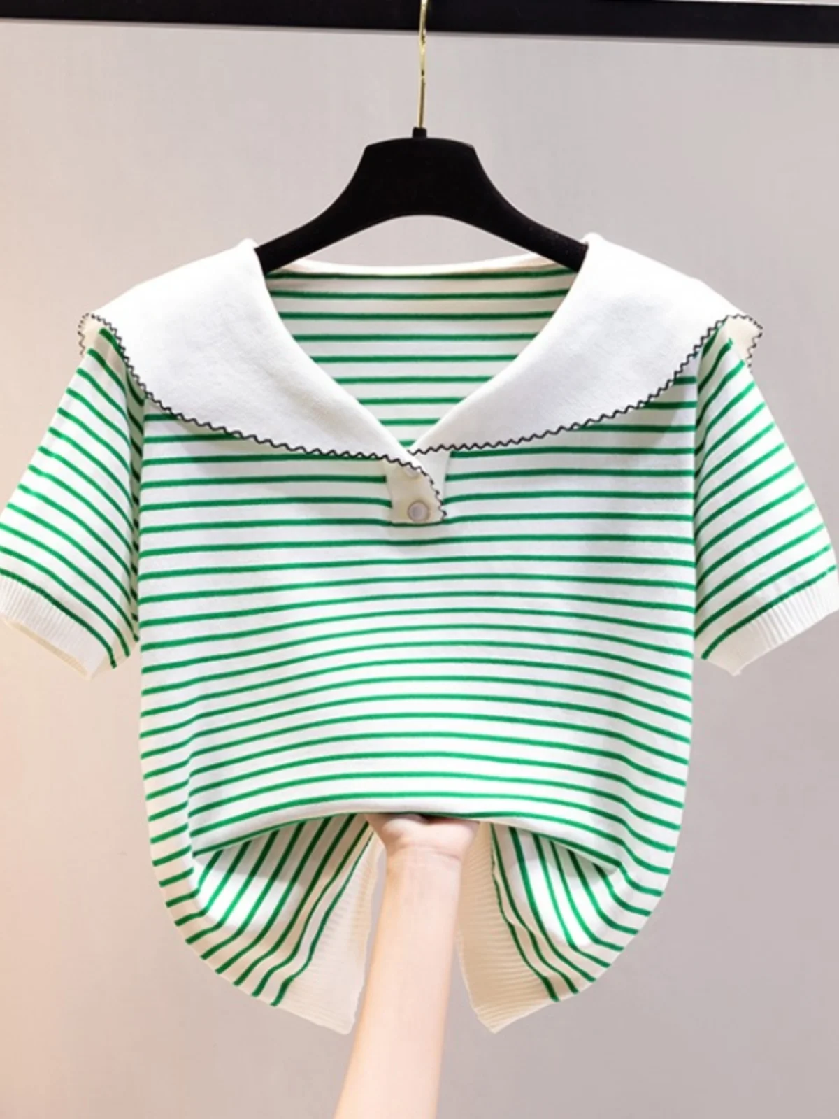 Striped Knitted T-shirt Summer Ice Silk V-Neck Navy Style Short Sleeve Top Women 2024 New Korean Loose Versatile Short Tee