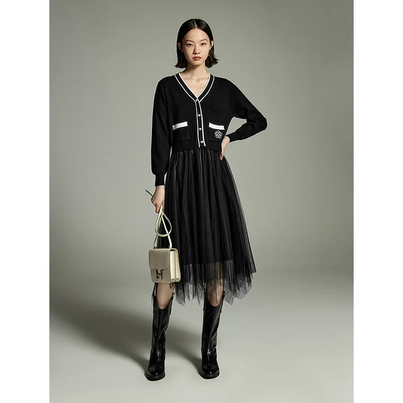 Toyouth Women Knit Mesh Dress 2023 Autumn Long Sleeve V Neck A-shaped Flower Bead Heart Shaped Button Elegant Black Skirt