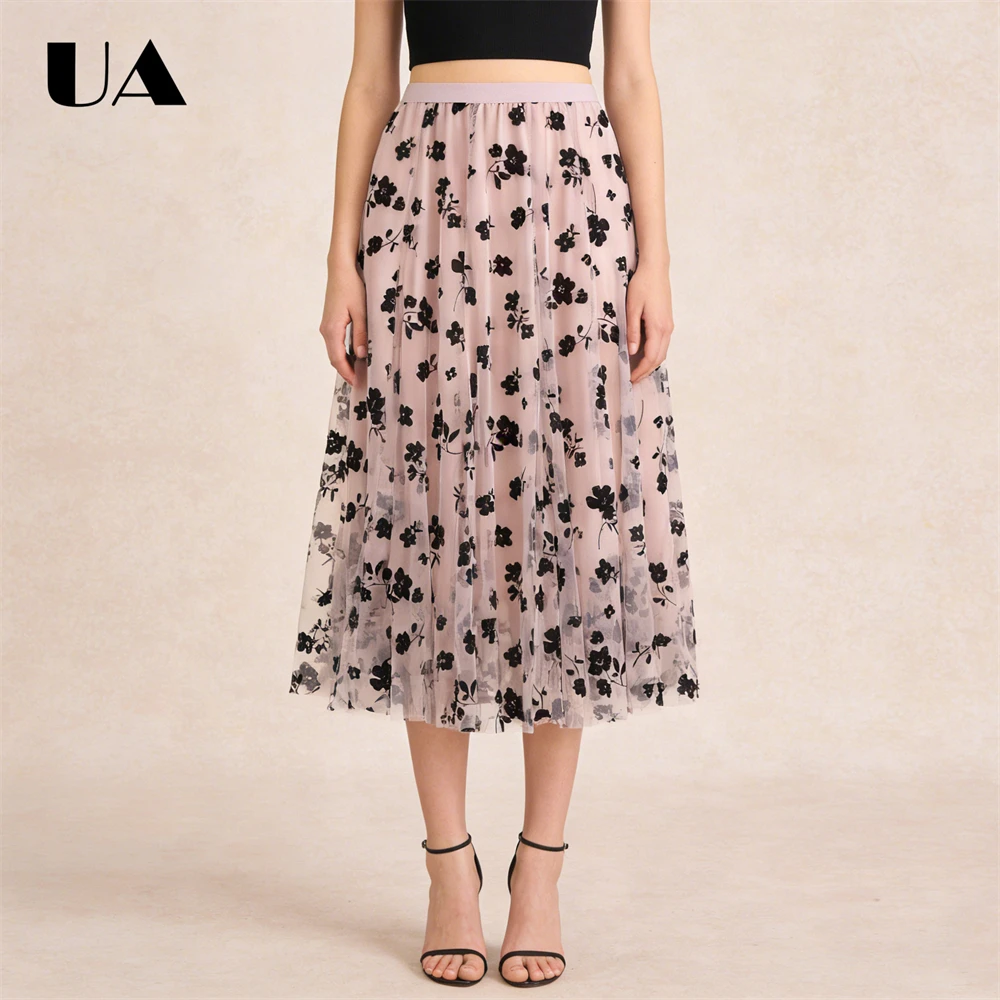 

ULBYANRY Women's Long Mesh Skirt for Daily Wear, 85cm Length, Floral Skirt A Line Free Size Waist Range 60-105cm