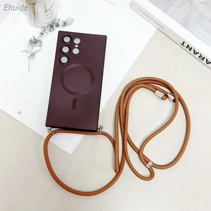Metallic Paint Magnetic Phone Case With Lanyard For Samsung Galaxy S26 S25 S24 S23 S22Ultra FE Plus Supports Wireless Charging