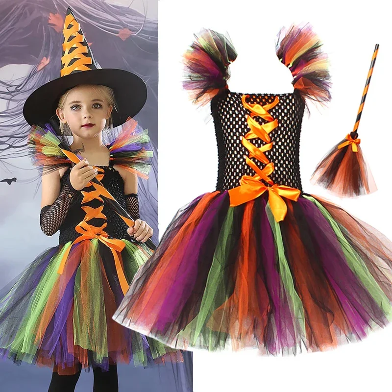

Déguisement de Sorcière pour Fille, Ensemble avec Robe Tutu au Genou, Chapeau, Balai, Collants, Halloween, Carnaval, Cosplay, Te