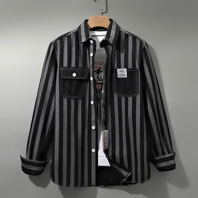 

LIBIELIY Japanese Retro Striped Jacket, American Men's Clothing, Long Sleeves, Minimalist, Loose And All-match Casual Shirt.