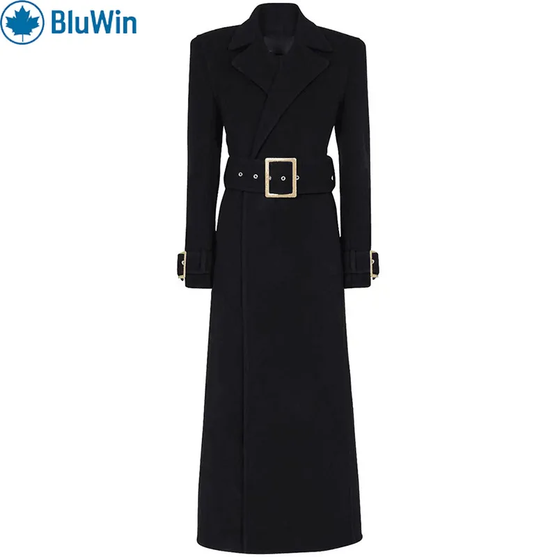 

BluWin Wool Blend Trench Coat Women Long Belted Notched Lapel Double Breasted Black Winter
