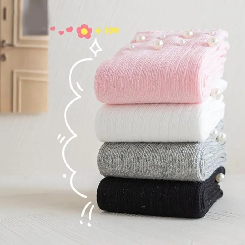 جوارب M89C أنيقة للفتيات فوق الركبة، جوارب طويلة بطول الركبة مزينة باللؤلؤ الجميل