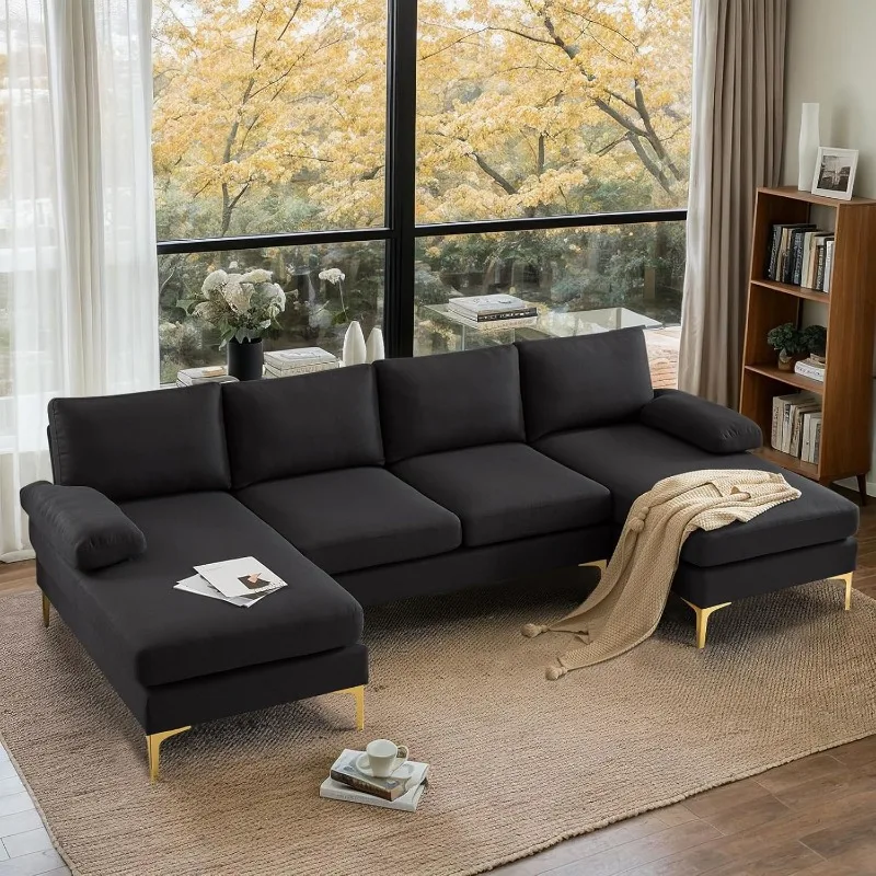 

110" Modern U Shaped Sectional Couch with 51"D Double Chaise for Living Room, Black Deep Seat Sectional Sofa Sets with 5.