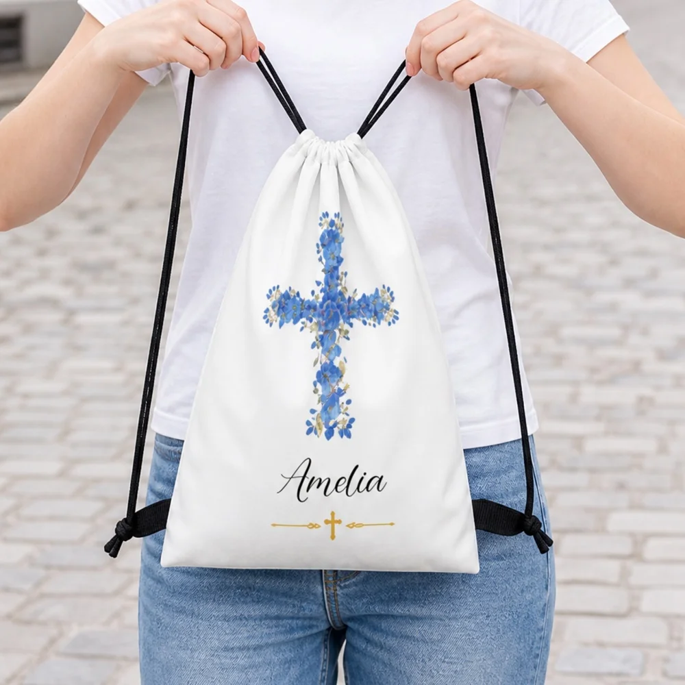 Personalized Blue Floral Cross Drawstring Backpack Custom Name, Drawstring Sack Bag, Baptism Christening Keepsake Gift