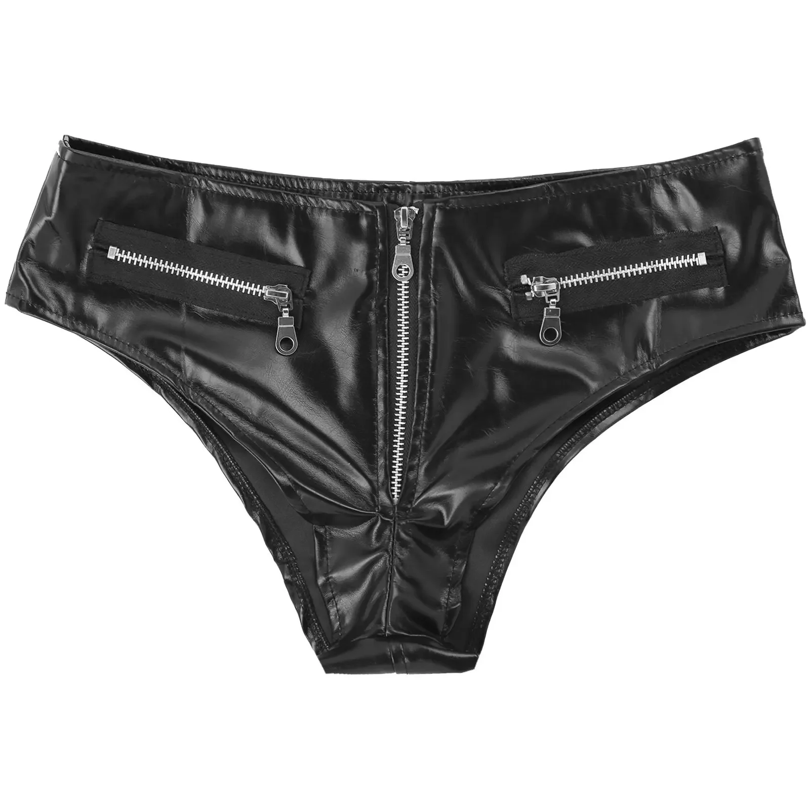 Women Black Pu Leather Lingerie Briefs Panties Adult Sexy Underwear Zipper Crotch Low Rise Underpants Stage Performance Costumes