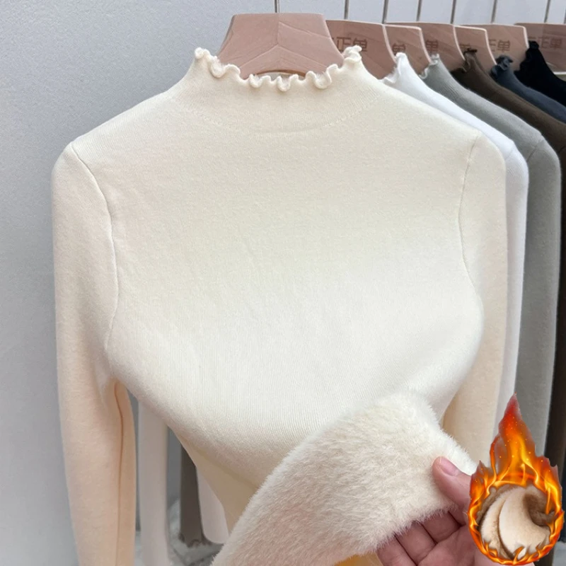 

New Fleece Lined Thick Turtleneck Sweaters Women's Autumn Winter Slim Warm Ruched Knitted Tops Solid Color Casual Soft Pullover