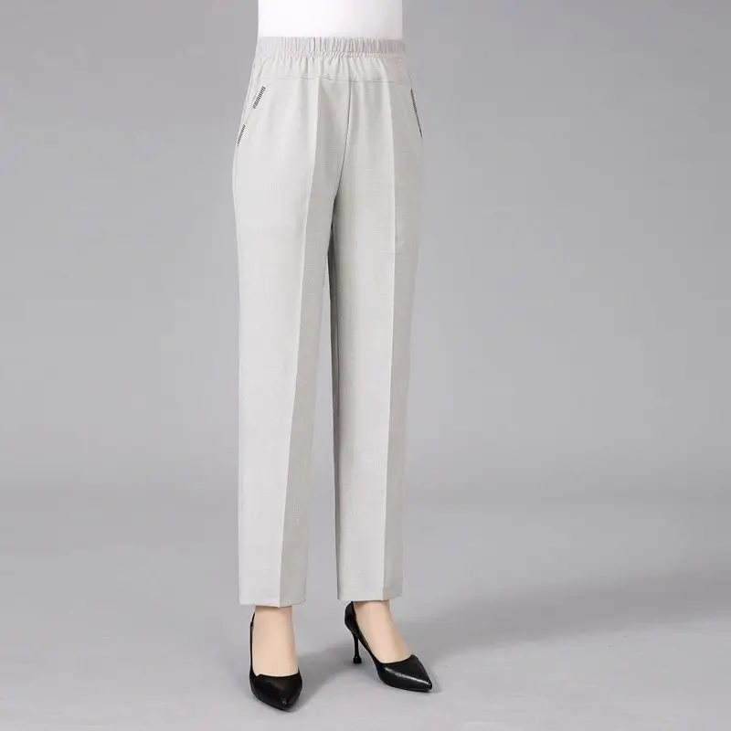 Temperament Summer Casual Women's Fashion Versatile Solid Color Cotton Hemp Pockets Elastic High Waist Loose Straight Crop Pants