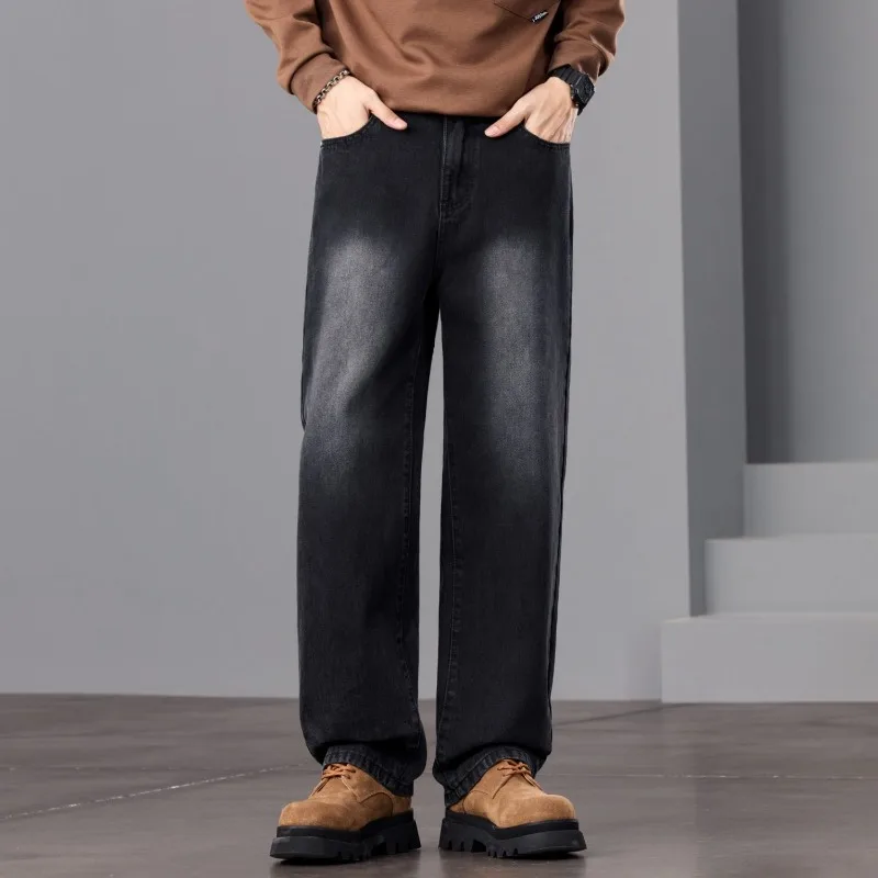 

Men's Black Washed Wide-Leg Denim Jeans Loose High Waist Comfortable Casual Streetwear Pants