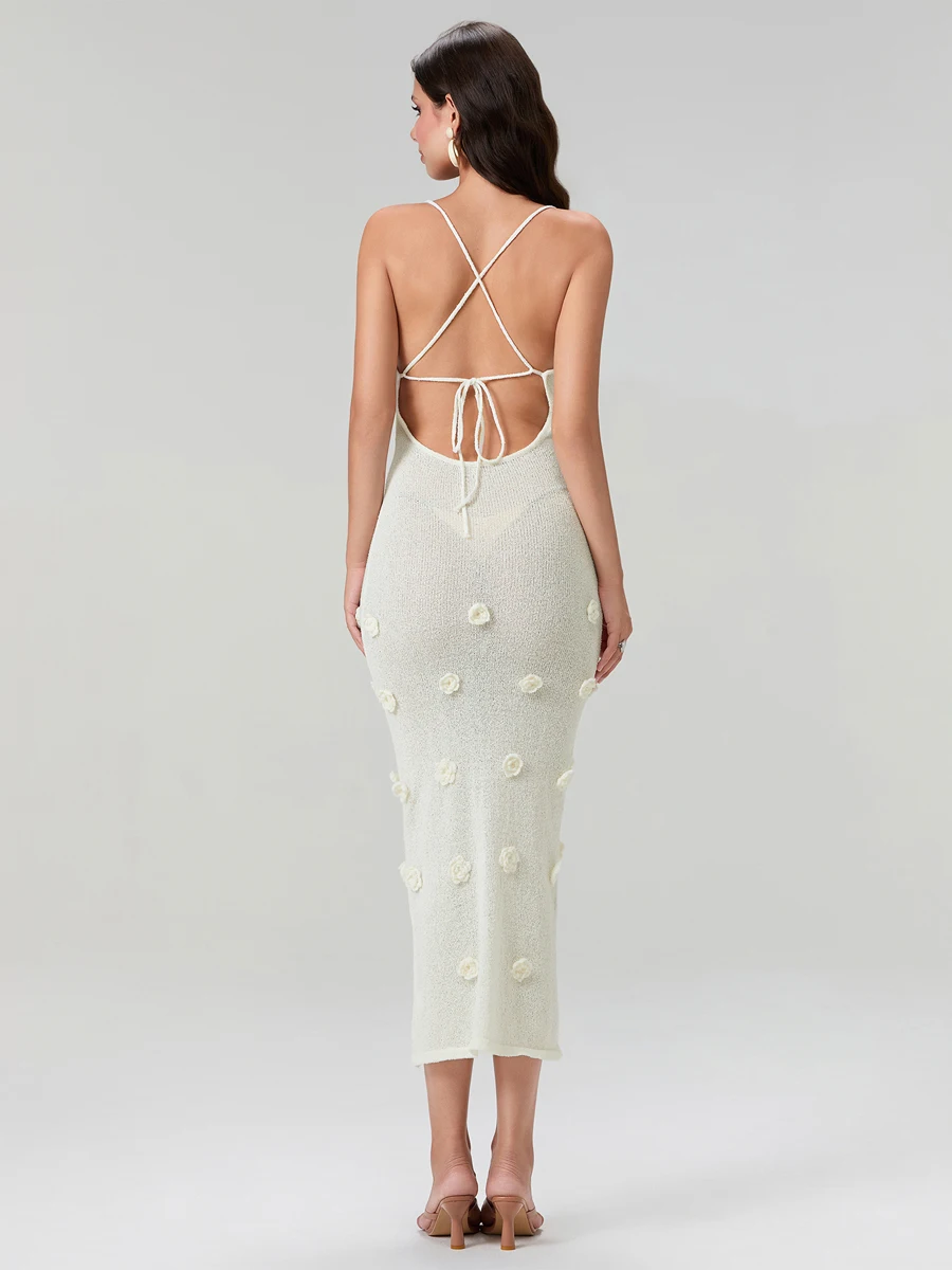 여성용 긴 니트 캐미 원피스 민소매 오픈 백, V넥 백 크로스 타이 업, 3D 꽃 장식 드레스, 스트리트웨어