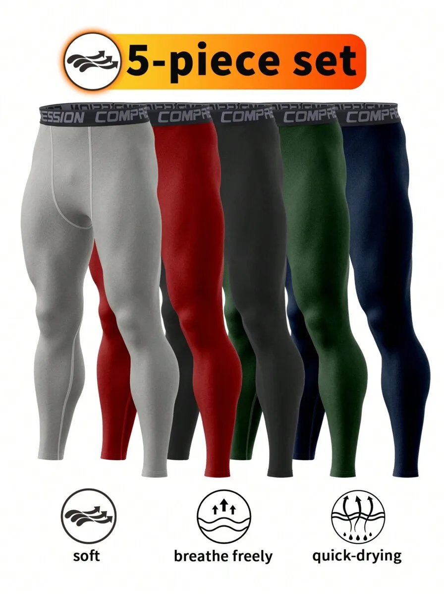 

5-Pack Men's Compression Base Layer Leggings - Soft, Breathable & Quick-Dry