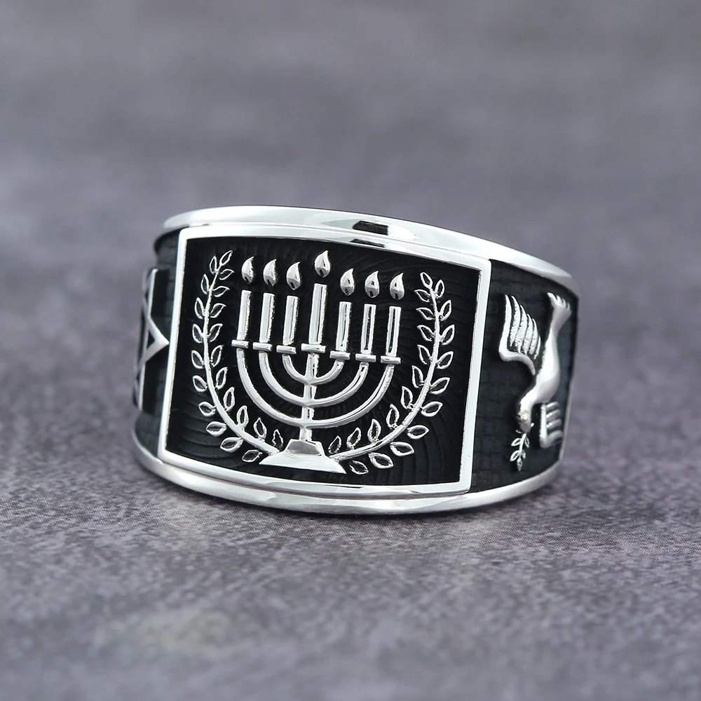 Classical Hebrew Menorah Hanukkah David Star Peace Dove Silver Ring