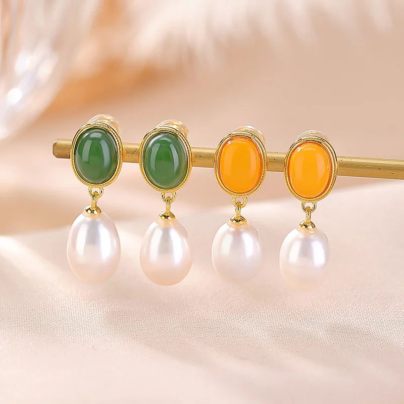 

Freshwater Pearl S925 Sterling Gold-Plated Jasper Amber Surface Elegant Silver Earrings