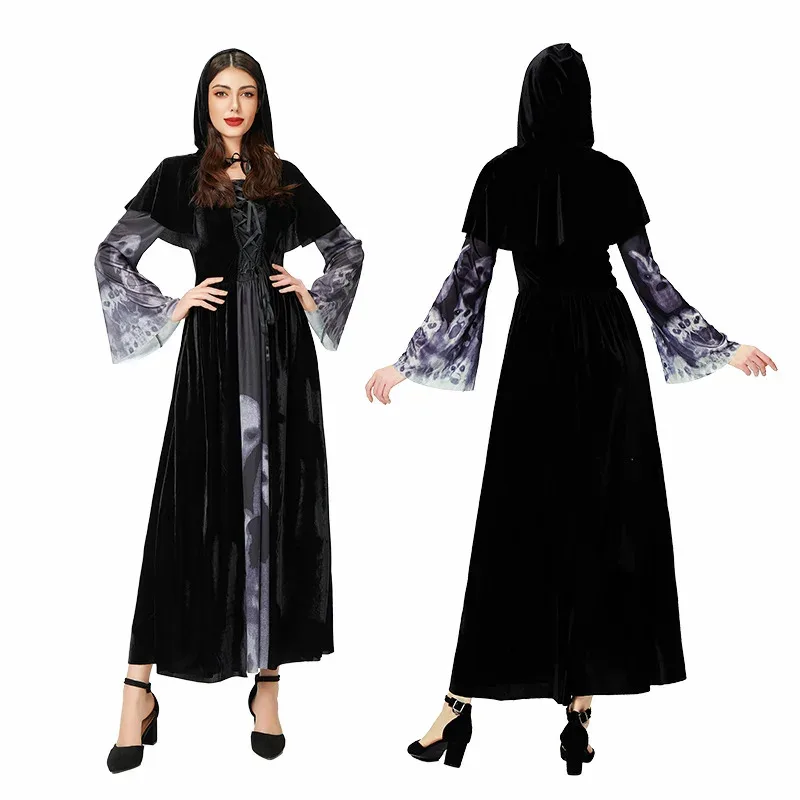 할로윈 유령 신부 여성 Grim Reaper 복장 고딕 스타일 마녀 의상 세트 여성 g45j4를위한 뱀파이어 멋진 드레스.