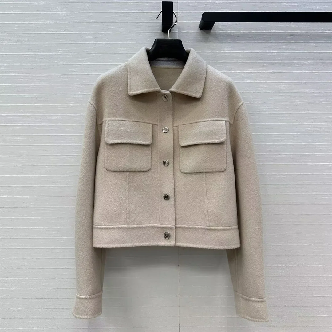 

Women's short jacket, high-quality wool cashmere long sleeved fashionable pocket jacket