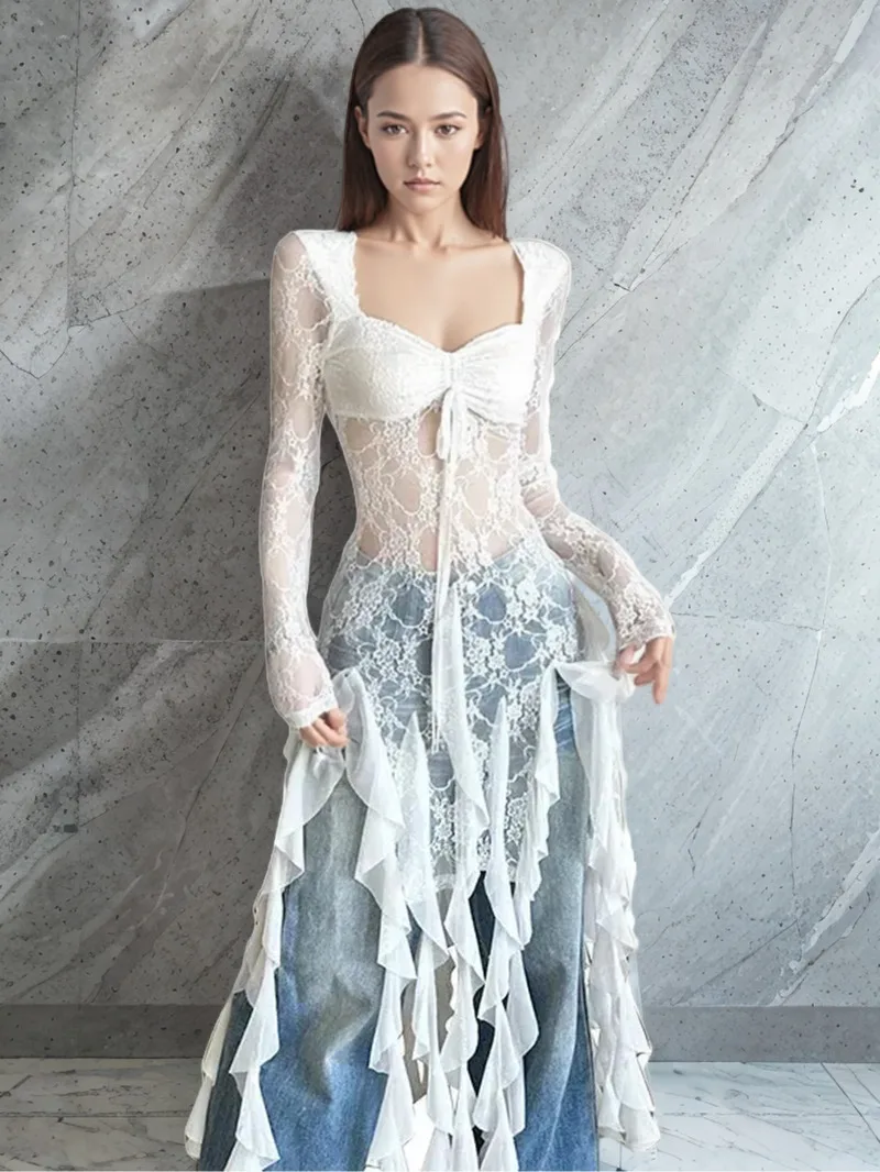 

New Autumn Women's Clothing Sexy Pure Lust Lace Splicing Design Hollow Square Collar Fungus Top Long T Shirt Dress Fashion MQW7