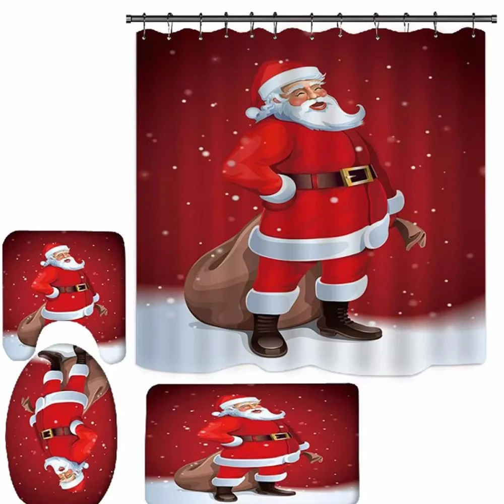 

4pcs/set Christmas Shower Curtain Set Santa Claus Xmas Red Shower Curtain Bathroom Decor Holiday Polyester Fabric Curtain Sets
