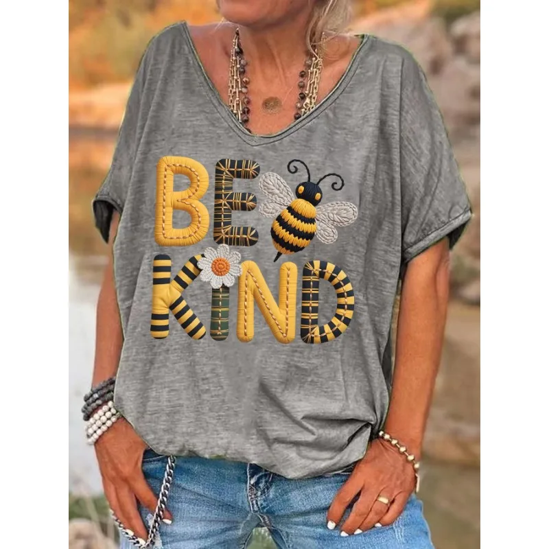 ilstile Women's Be Kind Bee Print T-Shirts Summer Short Sleeve Casual Loose V Neck Tops Tees Black White NEW