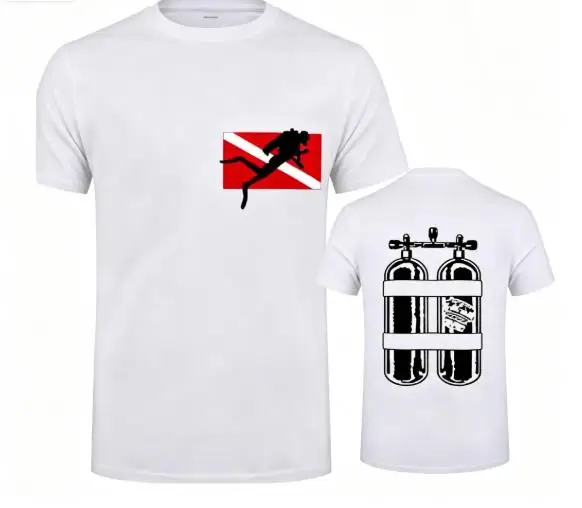 Men Scuba Diving T‑Shirt Front‑Back Print Diver Flag Twin Tanks Graphic Short Sleeve Crew Neck Tops