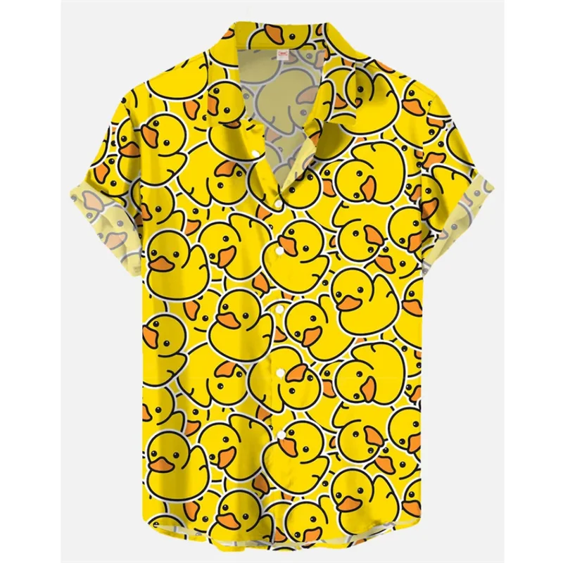 3D Printed Yellow Duck Shirts For Men Clothes Funny Animal Quacker Graphic Blouses Hawaiian Male Short Sleeve Y2k Boy Button Top