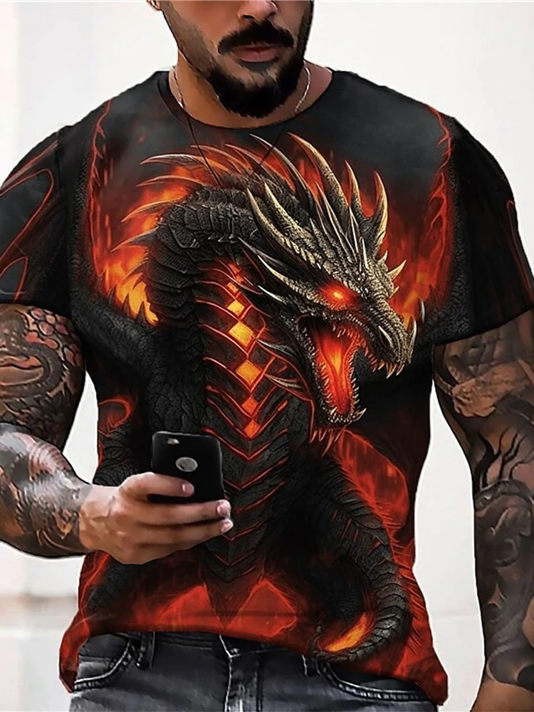 2024 Summer Street Style Fashion Men's T-shirt Urban Everyday Casual Short-sleeved Top 3D Dragon Print Men's Outdoor T-shirt