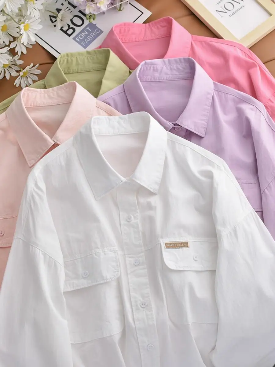 

Casual Loose Women's irt Spring Autumn New Design Double ket Pure Color Korean Sle Top Button down Long Sve Ne