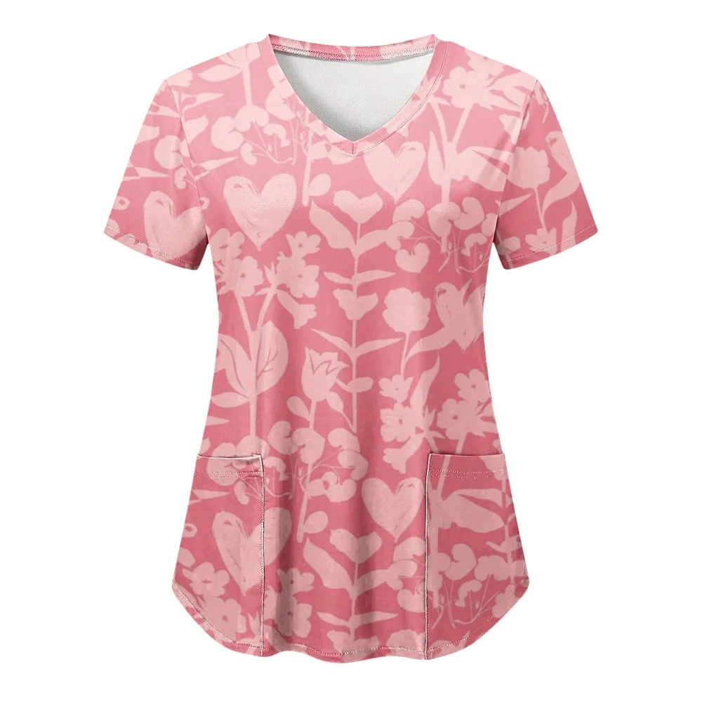 بلايز النساء فرك ممرضة طباعة قصيرة الأكمام الكرتون بلوزات على شكل حرف v العمل تي شيرت القلب طباعة الرعاية الصحية تونك الرعاية عمال القمم