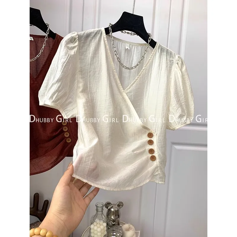 

Retro Shirt Women Fashion 2023 Casual V-Neck Solid Color Button Design Asymmetrical Short Sleeve Women's Blouse Top