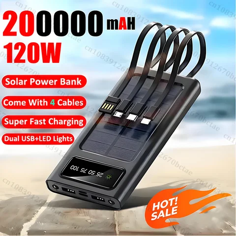 200,000mAh 대용량 태양광 보조 배터리 – 초고속 충전, 디지털 디스플레이, 4개 케이블 포함 (아이폰 16/15, 샤오미 호환)