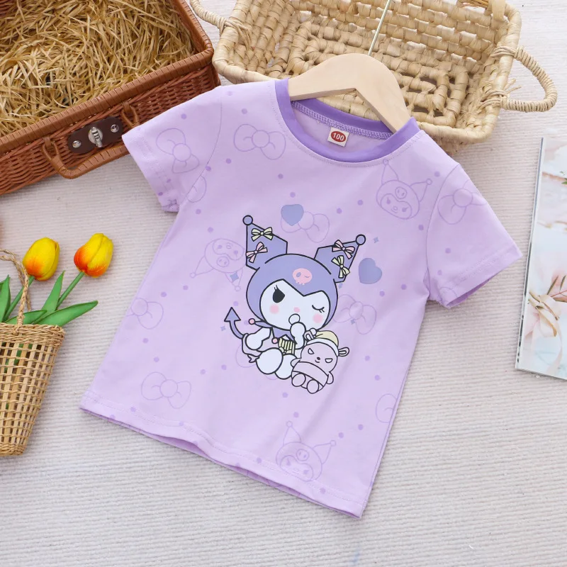 Camiseta de dibujos animados de algodón para niños y niñas, camisa de manga corta con cuello redondo, Anime Sanrios Cinnamoroll, ropa de verano