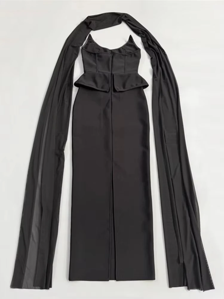 2025 Abito da donna sexy con diamanti e perline, maxi abito lungo aderente con fasciatura nera, elegante abito da sera da club