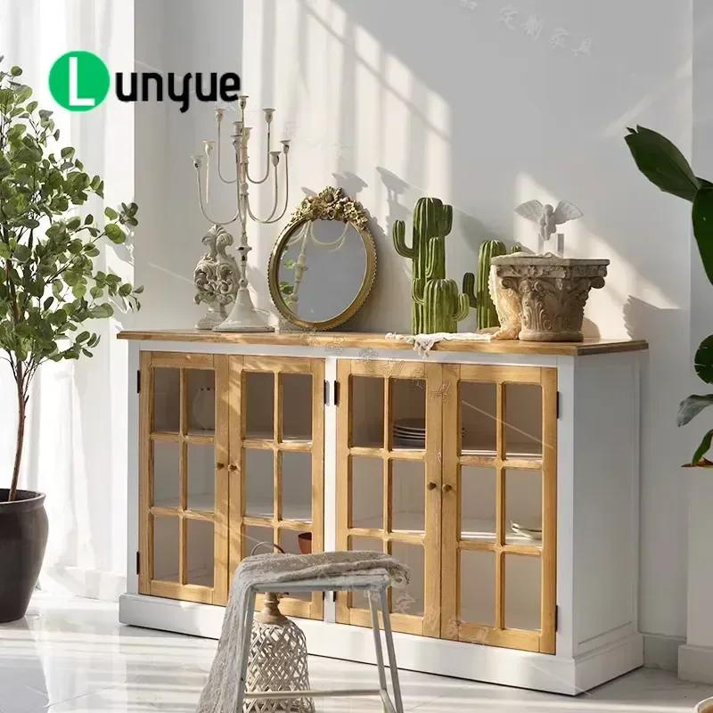 American Light Luxury Solid Wood Dining Side Cabinet French Retro 4 Door Storage Cabinet for Living Room Simple Antique