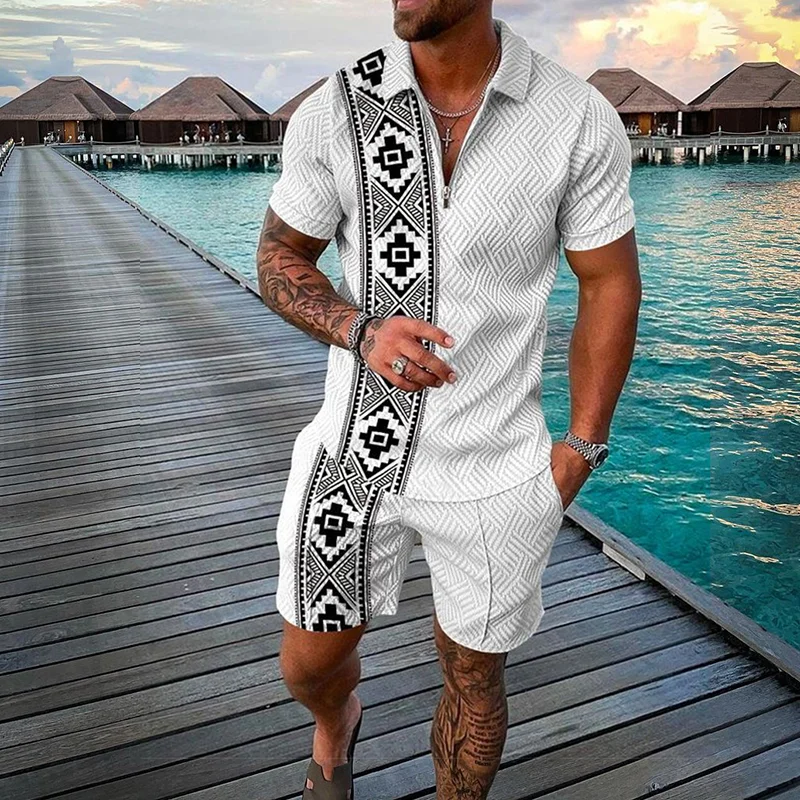 Men's Classic Print Two Piece Sets Summer Outdoor Urban Street Casual Zipper Polo Shirt Outfit Retro Simple Breathable Male Suit - Image 2