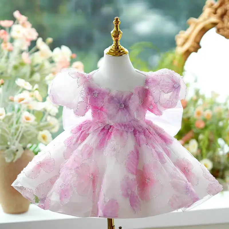 Dreamy Vow Cute Pink Baby Girl Dress Graceful Bowed for Kids Spring Summer Holiday Birthday Party Short Ball Gown J409