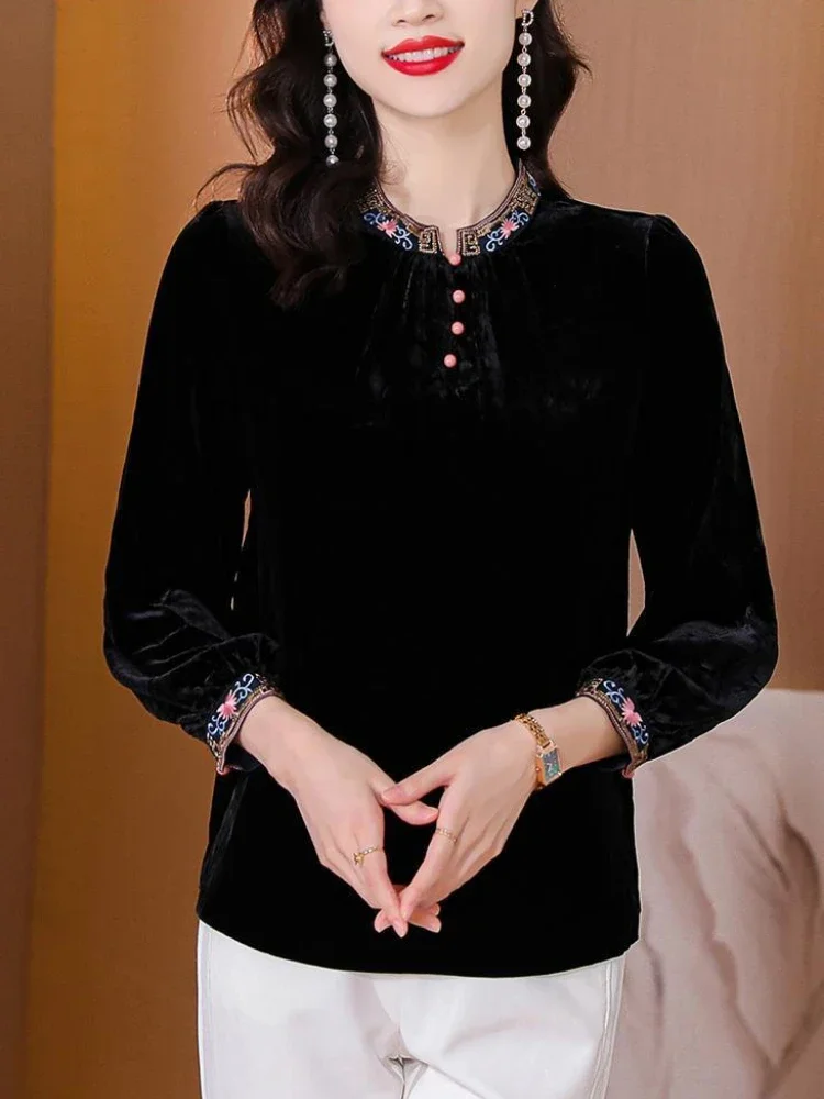 Retro Embroidery Stand Collar Shirt Women Autumn Winter High-end Velvet Tops Anti-aging Beautiful Chic Slim Looking Shirt Design
