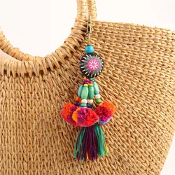 Llaveros con dijes de flores, cuentas de madera con pompón, joyería colorida, estilo bohemio, 1 unidad