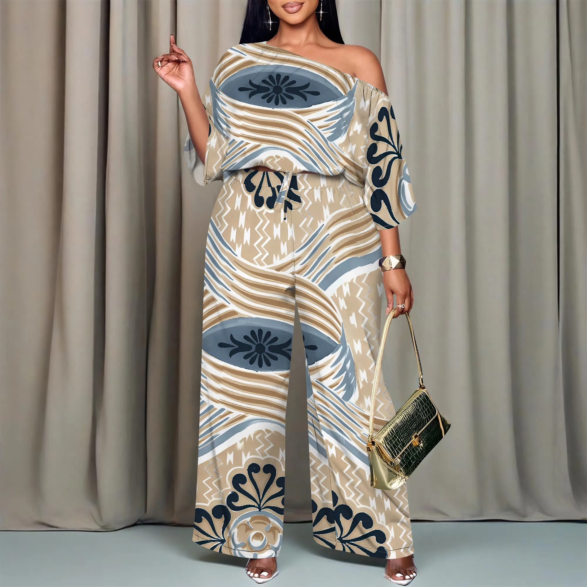 

Женский летний 3D модный повседневный комплект с наклонными плечами и принтом, комплект из двух предметов