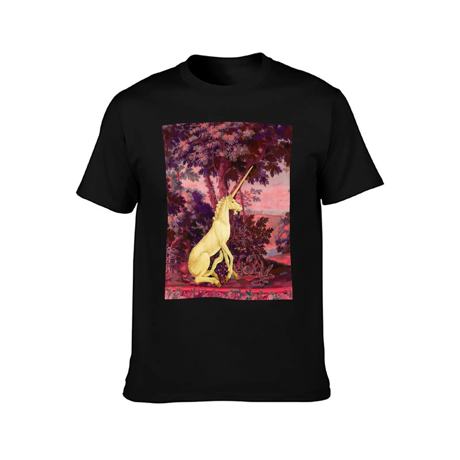 UNICORN IN WOODLAND SUNSET LANDSCAPE AMONG GREENERY AND TREES in Pink Blue Hues T-Shirt Casual Daily Outfit T-Shirt