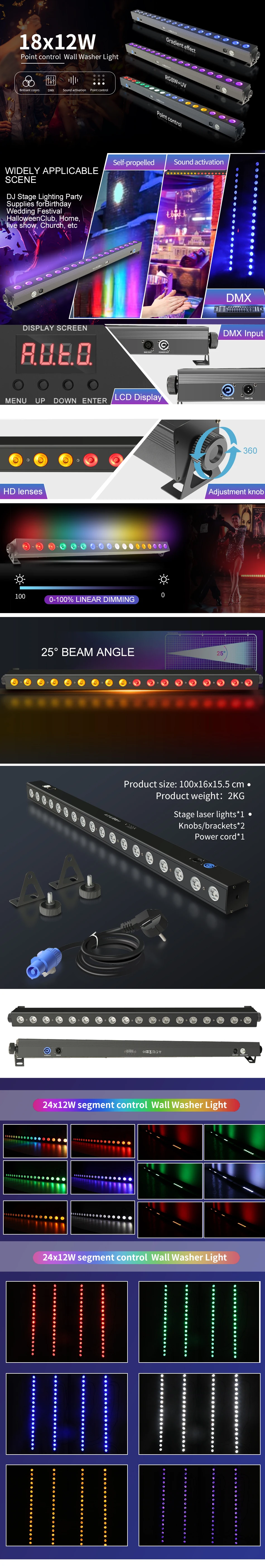 aicpose 18x12w RGBWUV Lichtleiste, geräuscharmer Farblichtstreifen, DMX512 Pixel-Steuerung, professionelles DJ-Disco-Wandlicht, Bühnenlicht – Detail 1