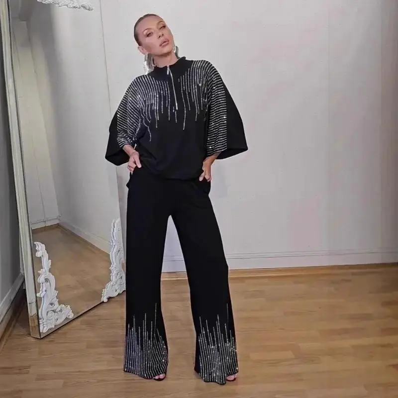 Pant Set Women Two Piece Sets Mock Neck Tops Three Quarter Sleeve Zipper Hot Drilling Wide Leg Long Pants Y2k Streetwear 2026