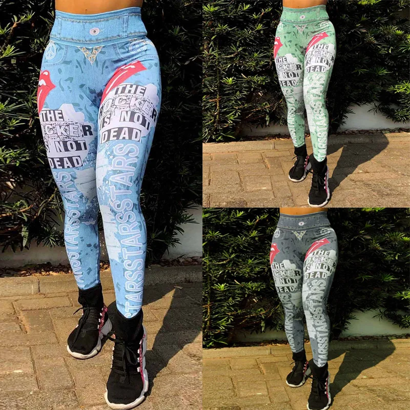 

Fashion Yoga Pants For Women Lips Letter Fashion Print Leggings Fake Jeans Girl Outdoor Dry Fit Compression Running Sportswear