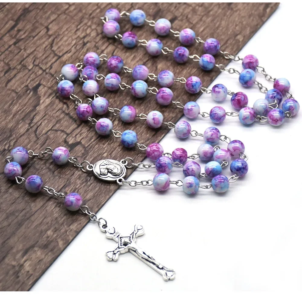 CR015 Vintage Cross Rosary Necklace 8mm Round Glass Beads Jesus Pendant Necklace Women Catholic Religious Jewelry