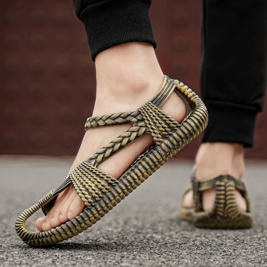 Damensandalen, Bequem und Atmungsaktiv, Retro-Stroh-Look, Antiker Bronze-Römischer Stil, Perfekt für Strandurlaube und Spaziergänge – Detail 1