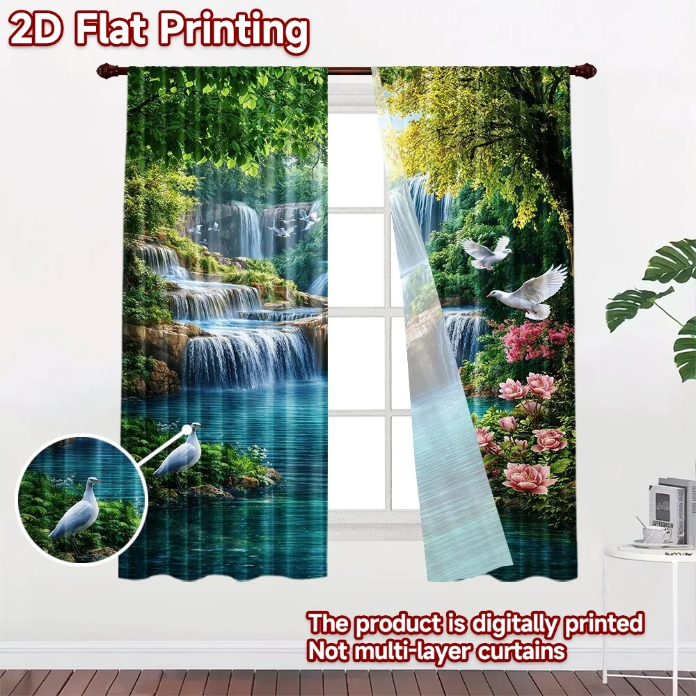 2D flat printing 2pcs Curtain Curtains Tranquil Waterfall Scene Digital Printed Polyester Drapes Festive Holiday Perfect for All